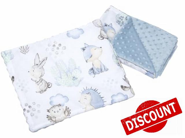 Medi Partners Baby Blanket Crawling Blanket with Pillow 100% Cotton Minky Children's Blanket 55 x 75 + 35 x 30 cm Multifunctional for Pushchair Baby Seat Cradle (Deer and Hedgehog with Light Blue