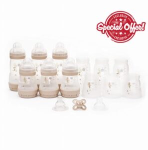 MAM Easy Start Anti-Colic Bottle Starter Set | Includes Components for 6X Bottles & MAM Original Start 0-2 Month Soother | Baby Gift Set of Newborn Essentials | Large (Various Designs)