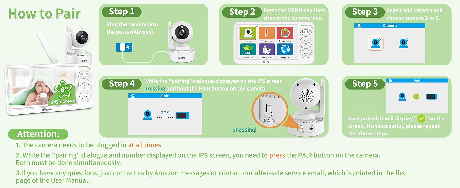 Step-by-step pairing instructions diagram for electronic device, showing 5 numbered steps with green background panels and interface screenshots.
