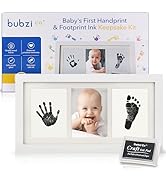 Text reads 'bubzi' and 'Charming Baby Clay Handprint & Footprint'. White frame kit with clay impression area and photo slots displayed next to blue and white product packaging.