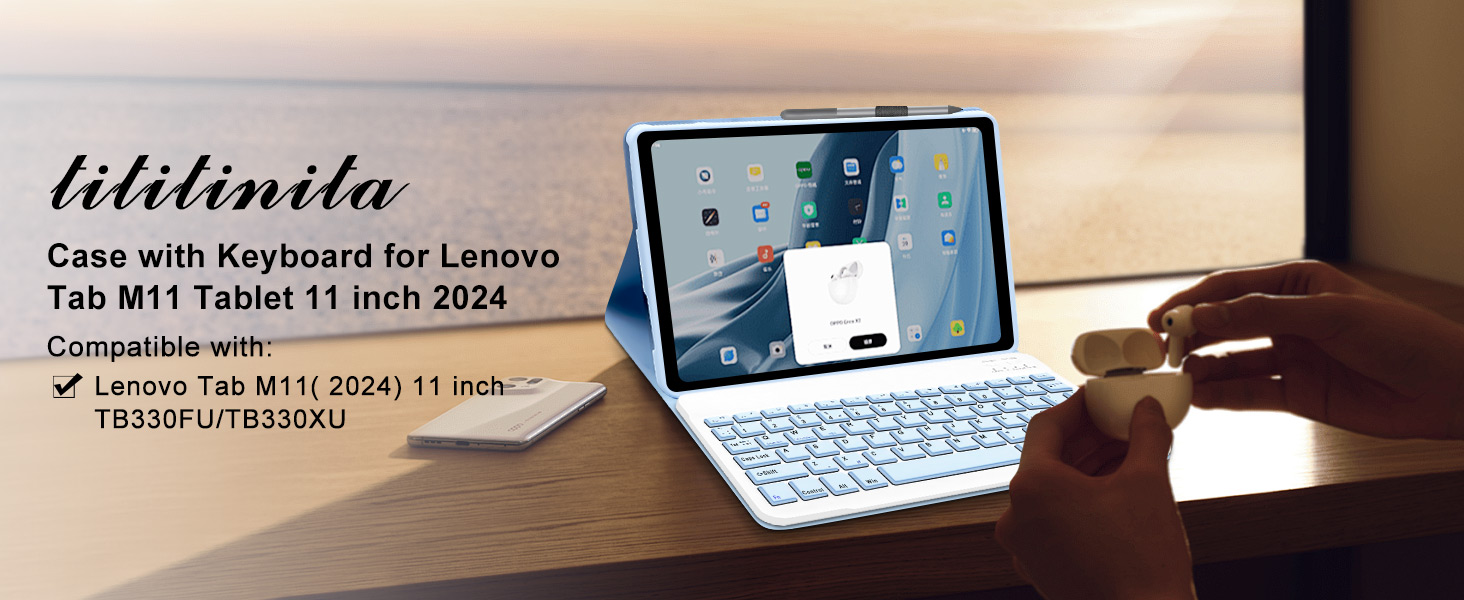 Laptop with detachable keyboard. Screen shows interface. Text overlay mentions 'Case with Keyboard for Lenovo Tab M11' and '11 inch 2024'.