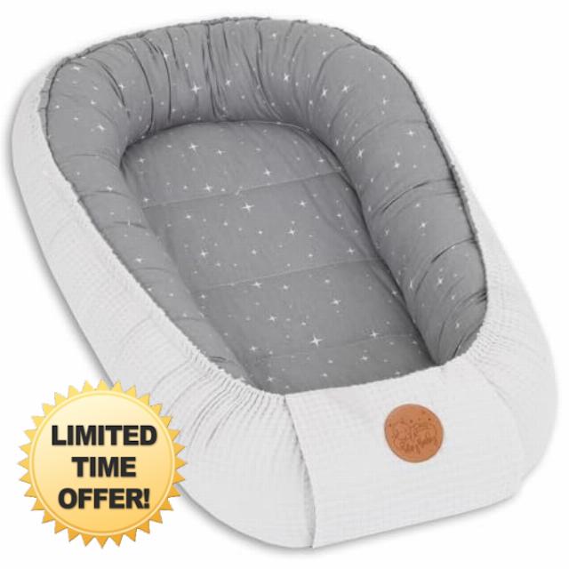 Baby Nest Pod Bassinet Lounger – 90x50 cm Sleep Pod Newborn 0-36 Months Portable Co Sleeper Travel Furniture Cozy Snuggle Breathable Cotton Wafel Galaxy