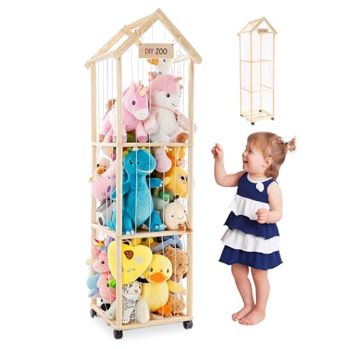 3-Tier Solid Wooden Stuffed Animal Storage Organizer with 360° Swivel Castors
