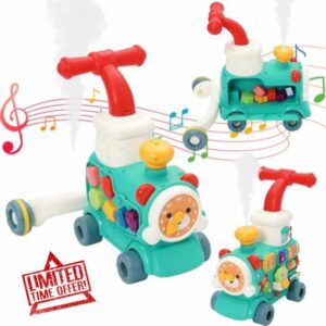 3 in 1 Baby Walker Steam Train with Spray Mist Music Walker Toy with 10 Educational Play Modes Light and Music Learning Activity Center for 1-3 Years Old Boys Girls