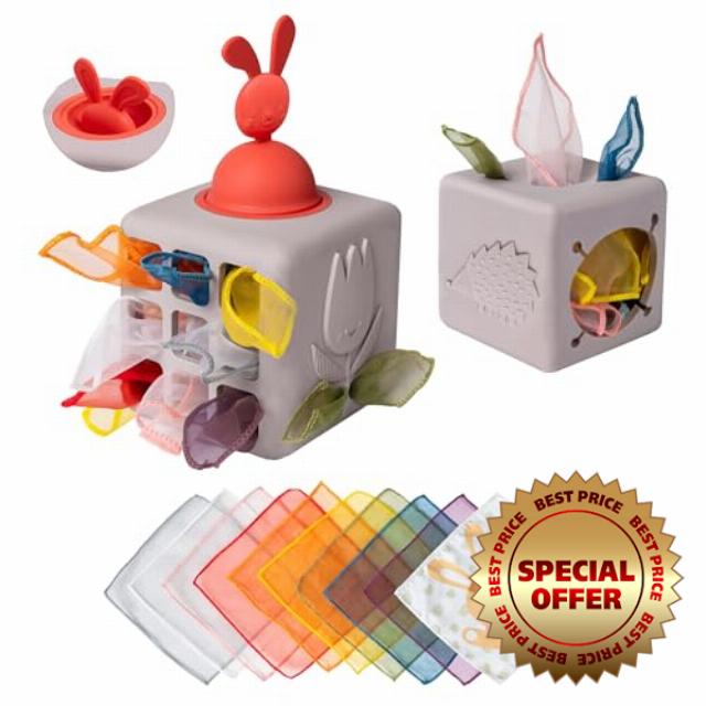 Taf Toys Baby Silicone Pop-up Tissue Box Toy for Infants & Toddlers. Baby Sensory Box. Tummy Time Montessori Toy for Babies. Sensory Toy with 10 Fabric Tissues. Suitable for Boys & Girls 12 months +