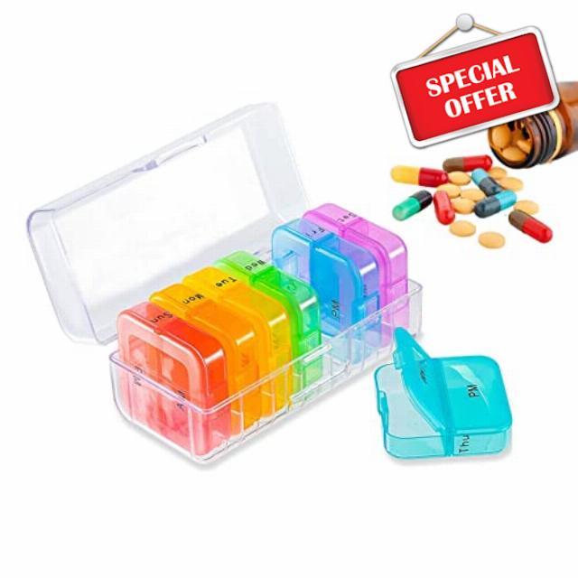 Weekly 7 Day Pill Box Organizer 2 Times A Day Compartments Travel Pills Case Vitamin and Medication Dispense