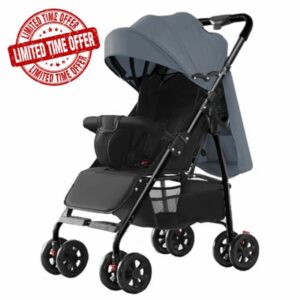 Baby Stroller Travel Buggy Lightweight Foldable & Compact Strollers for Toddlers Up to 4 Years 30kg Max (Black Frame & Grey Canopy)