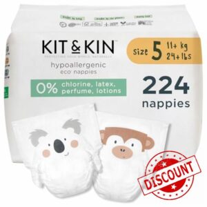 Kit & Kin Premium Eco Baby Nappies Size 5 | 11+ kgs / 24+ lbs | Pack of 224 Nappies | Plant-Based & Hypoallergenic | Superior up to 12 Hour Leak Protection | Vegan & Cruelty Free
