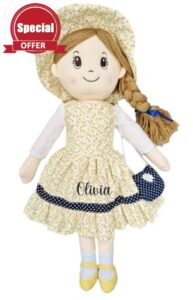 Personalised Baby Girl Rag Doll Soft and Cuddly Princess Ragdoll (Yellow/Navy Ragdoll)