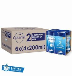 Aptamil 2 Follow On Baby Milk Ready to Use Liquid Formula 6-12 Months 200 ml (Pack of 24 bottles)