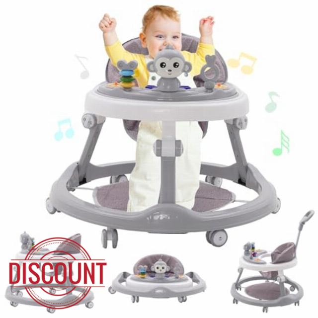 Baby Walker Foldable 3-in-1 Walker with Seat and Foot Pads Push Along Walkers with Light Song and Sound Anti-Rollover Baby Seat with Adjustable Height Compact Walker for Girls Boys