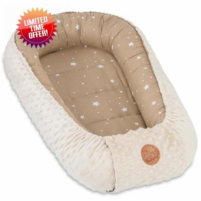 Baby Nest - Baby Nest for Newborns Minky Baby Nest for Crib Versatile Portable Nest Cuddle Nest Accessory for Crib Warm Winter Cocoon Beige with White Stars