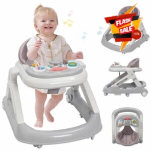 5 in 1 Baby Walker Foldable Walkers Height Adjustable Kids Activity Push Walker Sit and Stand with Removable Dinner Tray and Game Play Center for Girls Boys Toddle