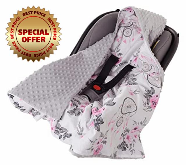 Medi Partners Swaddling Blanket 100% Cotton 85x85cm Double-Sided Multifunctional Plush Blanket With a hood for Pushchairs Soft Fluffy (Dream catchers with grey Minky)