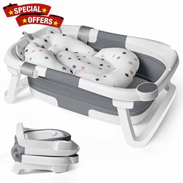 Baby Bath Foldable Tub Collapsible Bathtub Baby Bath Essentials for Newborn with Seat Support Cushion Stand Folding Baths for Toddler 0-12 Months Travel Portable Infant Tubs Soft Bathing Kids Grey