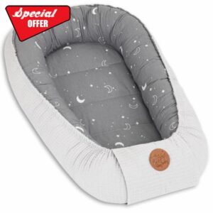 Baby Nest Pod Bassinet Lounger – 90x50 cm Sleep Pod Newborn 0-36 Months Portable Co Sleeper Travel Furniture Cozy Snuggle Breathable Cotton Wafel Moons
