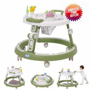 Baby Walker Round Shape Walker Height Adjustable with Music Center Anti-Rollover Walking Chair Push Along Walkers for Girls Boys 6-18 Months Gree