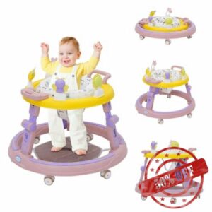 Baby Walker Round Shape Walker Height Adjustable with Music Center Anti-Rollover Walking Chair Push Along Walkers with Rotatable Cushion for Girls Boys 6-18 Months