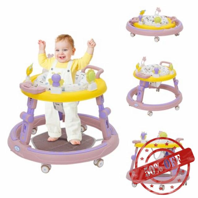 Baby Walker Round Shape Walker Height Adjustable with Music Center Anti-Rollover Walking Chair Push Along Walkers with Rotatable Cushion for Girls Boys 6-18 Months
