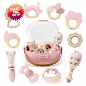 Baby Girl Baby Toys 0-6 Months Newborn Essentials 10pcs Rattles Teething Sensory with Storage Box(Pink)