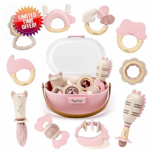 Baby Girl Baby Toys 0-6 Months Newborn Essentials 10pcs Rattles Teething Sensory with Storage Box(Pink)