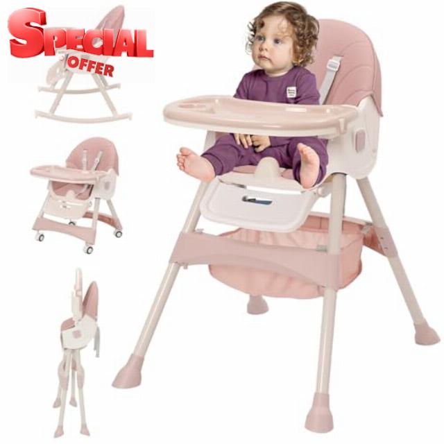 Baby High Chair 3 in 1 Highchair Adjustable Height 3 Recline Positions Rocking Seat Convertible High-Chair Portable RockingChair Foldable Baby Dining Chair with Removable Tray Pink
