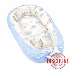 Baby Nest Pod Bassinet Lounger – 90x50 cm Sleep Pod Newborn 0-36 Months Portable Co Sleeper Travel Furniture Cozy Snuggle Breathable Cotton Wafel Animals Blue
