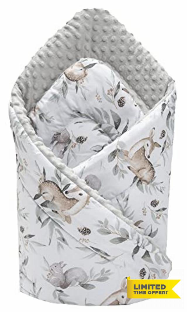 Medi Partners Swaddling Blanket 100% Cotton 75x75cm Double Sided Soft All Year Round Multifunctional Anti-Allergic Babies (Deer in leaves with grey Plush)