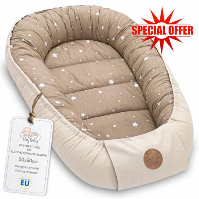 Baby nest babynest for Newborns with Carrying Handle 90 x 50 cm - Portable Baby nest for Bed Children Cuddle nest Cocoon for Boys and Girls Beige with White Stars