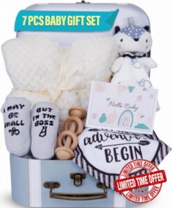 Baby Shower Gifts Set | 7 Pieces Baby Gift Box for Infant Boy or Girls 0-12 Months | Cute Baby Shower Gift' with Newborn Blanket