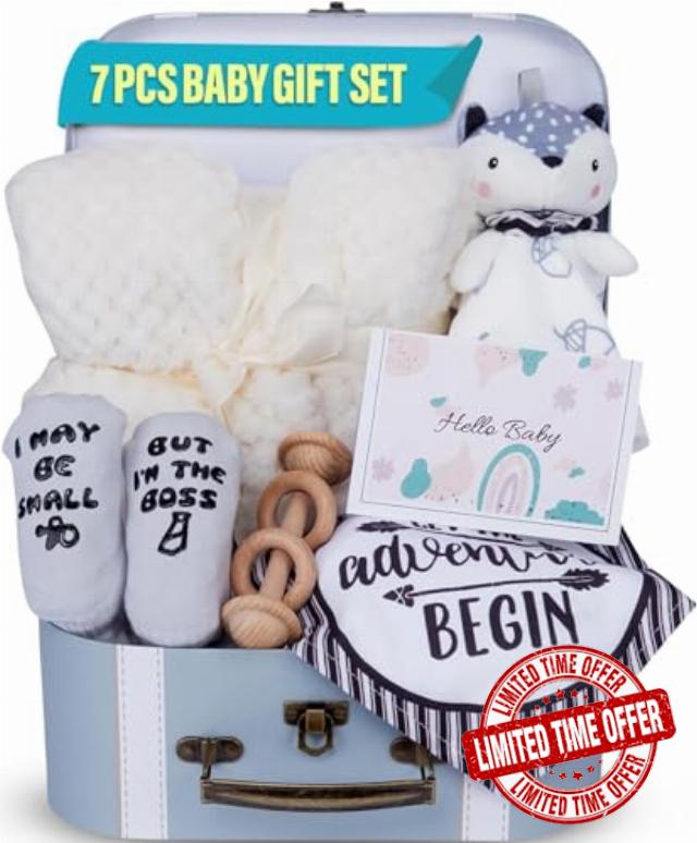 Baby Shower Gifts Set | 7 Pieces Baby Gift Box for Infant Boy or Girls 0-12 Months | Cute Baby Shower Gift' with Newborn Blanket