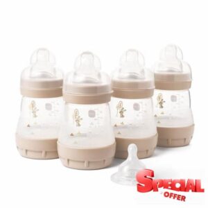 MAM Easy Start Anti-Colic Baby Bottles | 4 Pack (4X 160ml) | Self-Sterilising Baby Milk Bottle | Slow Flow MAM Teats Size 1 + 1x Medium Flow Teat Size 2 | Unisex (Various Designs)