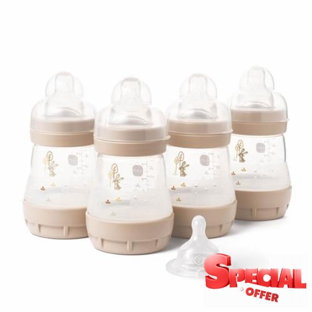 MAM Easy Start Anti-Colic Baby Bottles | 4 Pack (4X 160ml) | Self-Sterilising Baby Milk Bottle | Slow Flow MAM Teats Size 1 + 1x Medium Flow Teat Size 2 | Unisex (Various Designs)