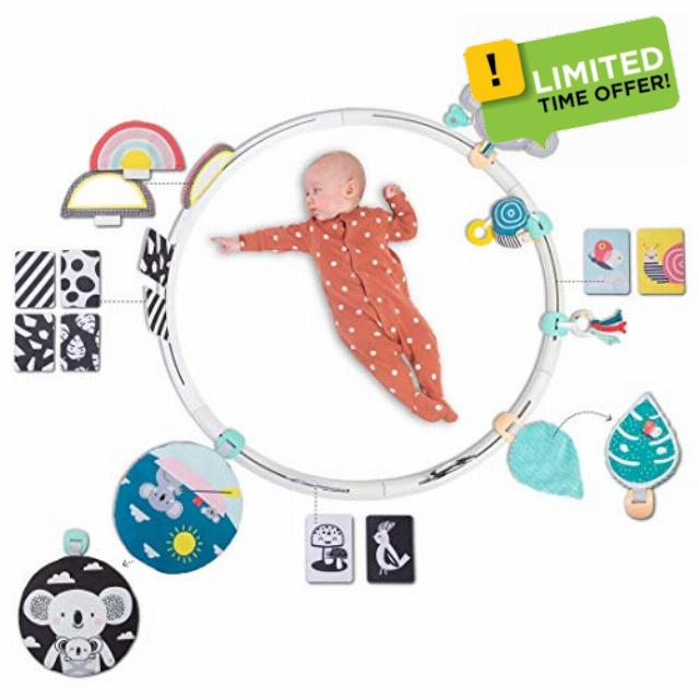 Taf Toys All Around Me Activity Hoop. Sensory Developmental Hoop with 24 Tummy Time Activities Toys including High Contrast Flash Cards & Baby safe Mirror. Suitable for Newborn Babies 0 months +