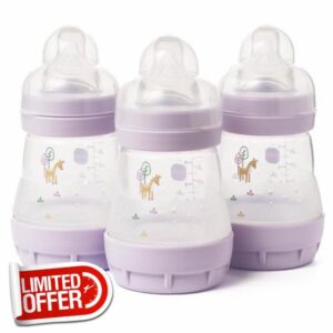 MAM Easy Start Anti-Colic Baby Bottles | 3 Pack (3 x 160ml) | Self-Sterilising Baby Milk Bottle | Slow Flow MAM Teats Size 1 | Newborn Essentials | Assorted Colours (Various Designs)