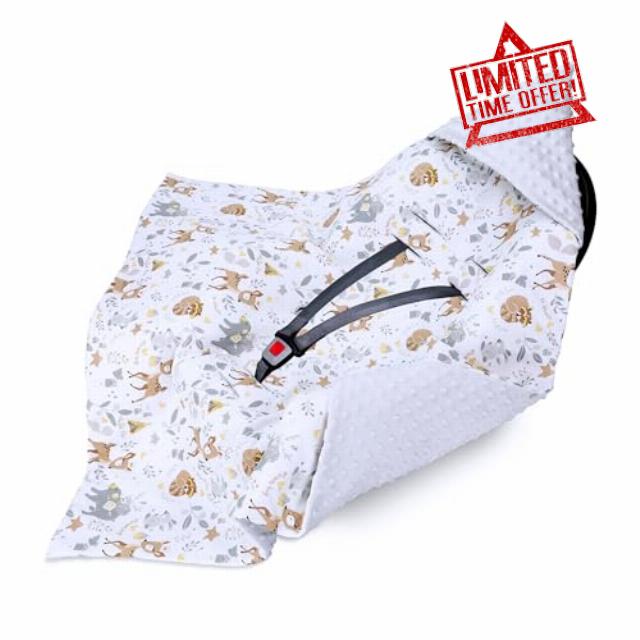 Wrap blanket Baby 90x90 cm - footmuff for car seat or stroller Cozy swaddle blanket for newborns with fastening Warm and soft Oeko-Tex Deer light grey