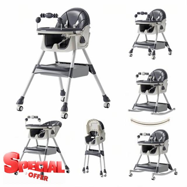 Veitoalioy Baby High Chair Toddler Feeding Dining Chair with Rocking Mode with Detachable Double Trays and Wheels and 3 Reclining Positions with Foldable Convenient Storage (560 Grey)