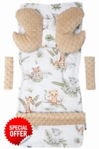 Medi Partners Universal Seat Cover for Pushchairs and Buggies Seat Cover Pushchair Seat Cover 5 Pieces Belt Pad + Play Arch Plush Cotton (Safari with Beige Plush)