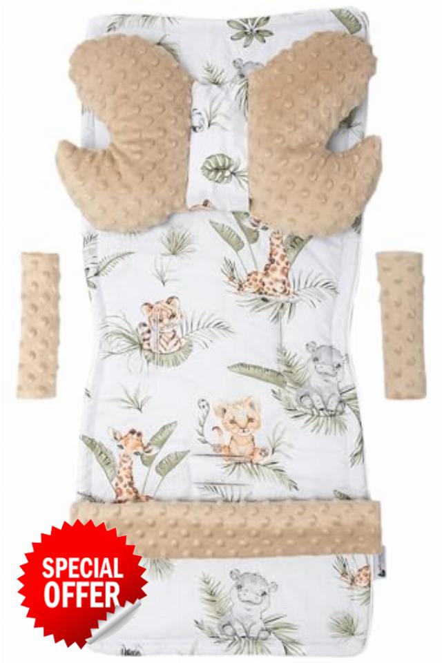 Medi Partners Universal Seat Cover for Pushchairs and Buggies Seat Cover Pushchair Seat Cover 5 Pieces Belt Pad + Play Arch Plush Cotton (Safari with Beige Plush)
