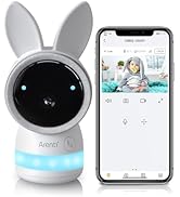 Baby monitor system with rabbit-eared camera, smartphone app interface, and 5-inch HD display unit. Features include 4MP camera, Wi-Fi connectivity, and 720P resolution.