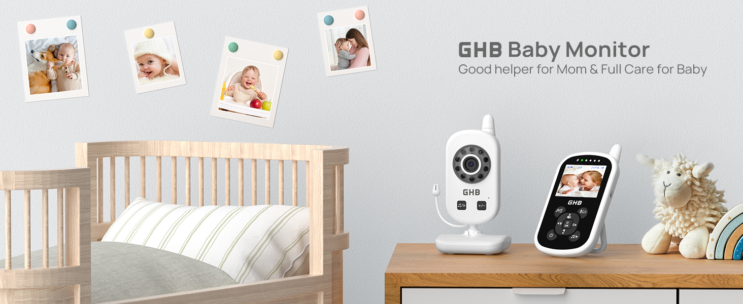 GHB Baby Monitor display with camera unit and parent display unit shown on wooden surface next to crib, with baby photos in background.