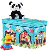 Children's storage ottoman with playful circus train design in turquoise, featuring decorative panda plush on top and colorful building blocks nearby.