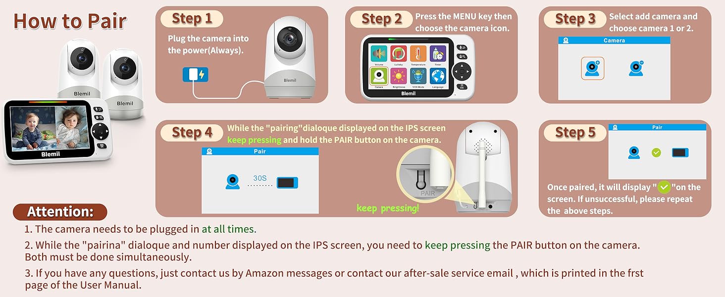 Step-by-step instructions for pairing a smart device, showing camera setup, app interface, and connection process.