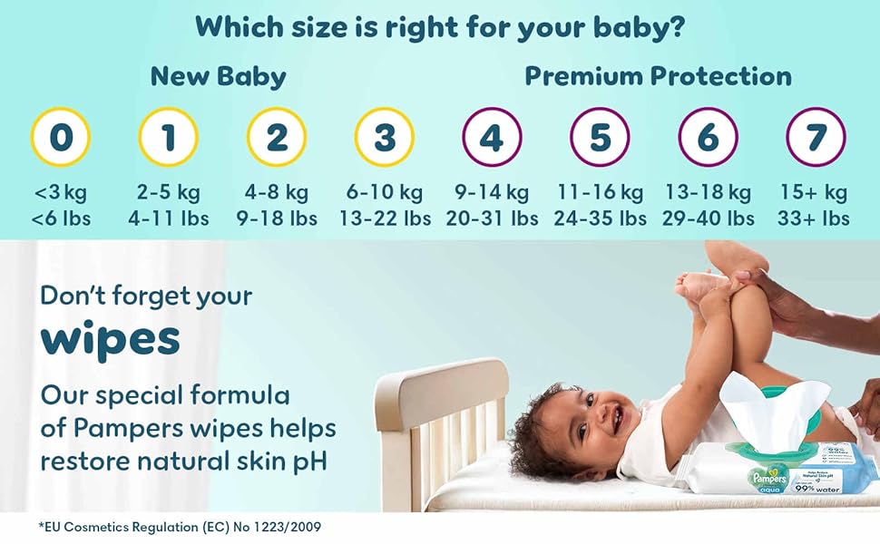 Baby wipes product information banner with size chart showing weight ranges and age groups, featuring light blue background and product details.