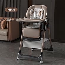 Text reads 'GREY'. Folding high chair in grey color with padded seat cushion, adjustable tray, and metal frame against dark background.