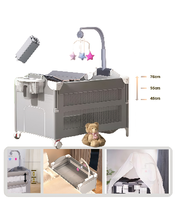Portable playard/travel crib shown in multiple views: assembled unit with changing table attachment, folding mechanism, and storage configuration with carry bag.