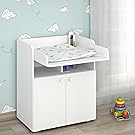 White changing table or storage unit with cabinet doors below and flat top surface, shown in nursery setting with patterned rug and wallpaper.
