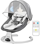 Pink baby bouncer with white seat, adjustable canopy, and hanging toys. Features safety harness, remote control, and curved base for rocking motion.