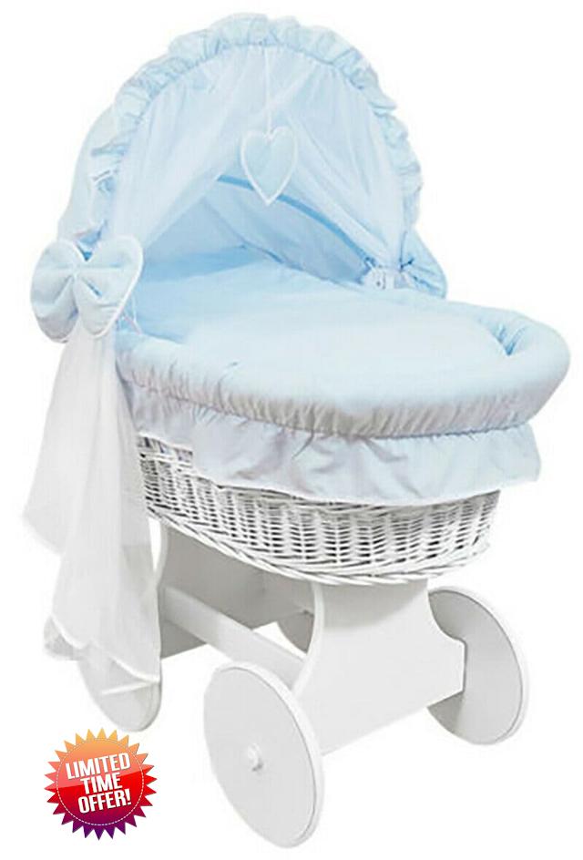 Hooded Wicker Wheel Baby Moses Basket Bassinet Crib with Full Cotton Bedding Set Liner Cover and Mattress - White/Blue