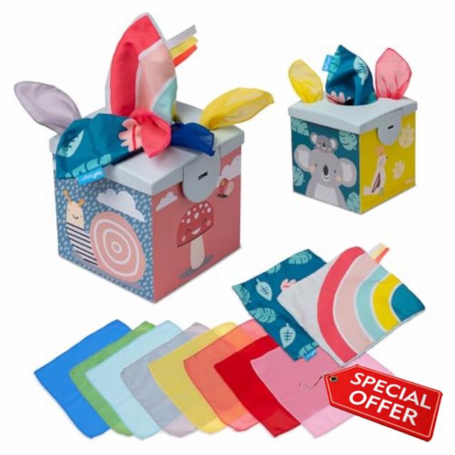 Taf Toys Wonder Baby Tissue Box Toy for Infants & Toddlers. Baby Sensory Box. Tummy Time Toy Colourful Pull Scarves & Crinkling Blankies. Educational Learning Toy. Suitable for 12 months +